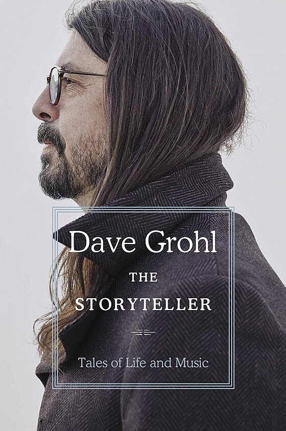 Profile view of Dave Grohl with long dark hair and sunglasses, wearing a textured jacket. the text overlay reads "dave grohl the storyteller - tales of life and music.