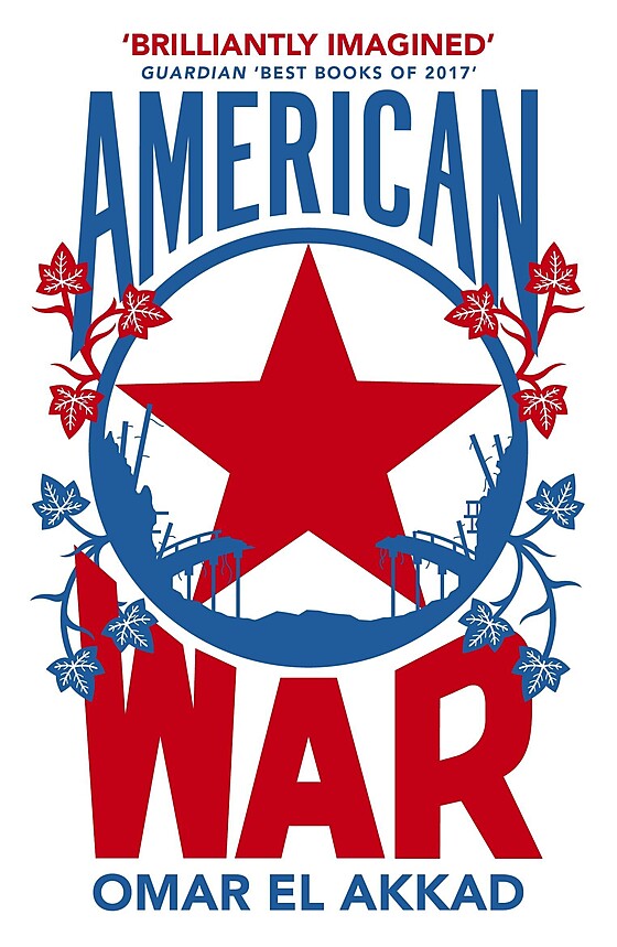 Book cover of "american war" by omar el akkad, featuring a bold red star centered within a blue circle, surrounded by white plant motifs and barbed wire, with additional red accents and white text.