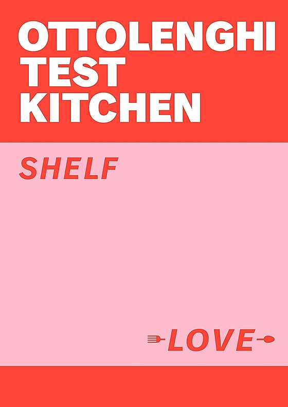 A book cover with a red top section and a pink bottom section. The red section contains white text reading "Ottolenghi Test Kitchen." The pink section has red text, with "Shelf" in the upper left and "Love" at the bottom right alongside small utensil icons.