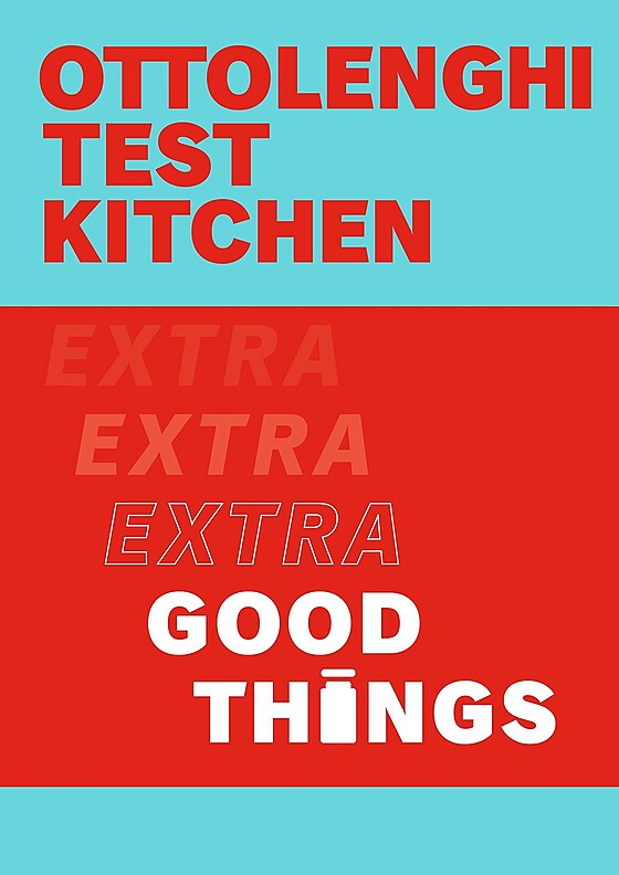 Cover of a book titled "Ottolenghi Test Kitchen: Extra Good Things." The background is divided into two colors: light blue at the top and red at the bottom. The title is written in bold red and white text.