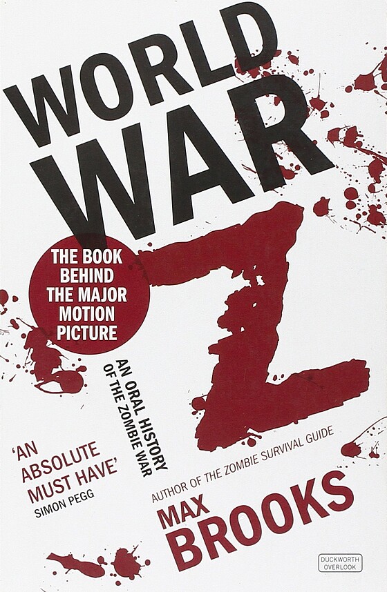 Book cover of "world war z" by max brooks, featuring large, red splattered typography on a white background with a promotional tag noting the book as a major motion picture.
