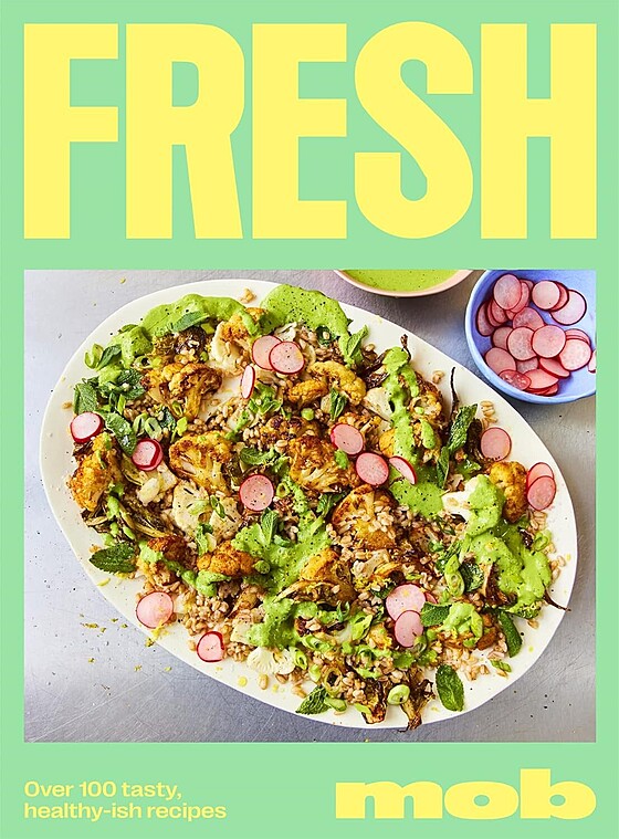 A vibrant cookbook cover with the title "fresh" in large yellow letters. below, there's an image of a colorful salad with radishes and avocado, captioned with "over 100 tasty, healthy-ish recipes.