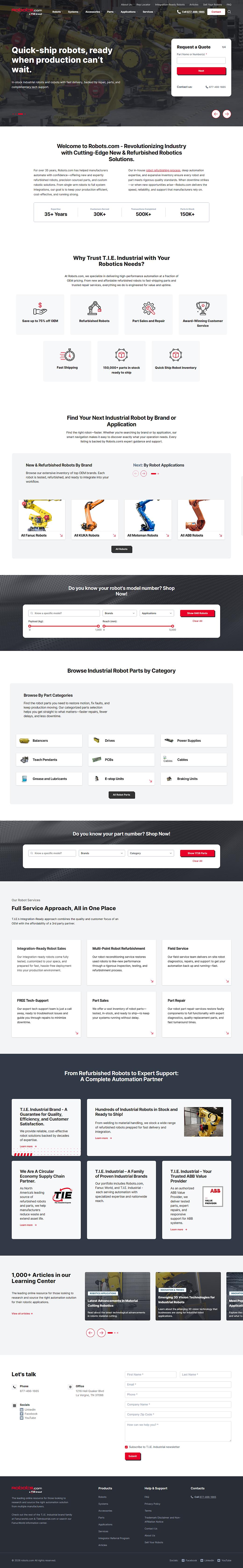 Full-page screenshot of Robots.com website showing homepage with navigation, hero section, features, and service offerings