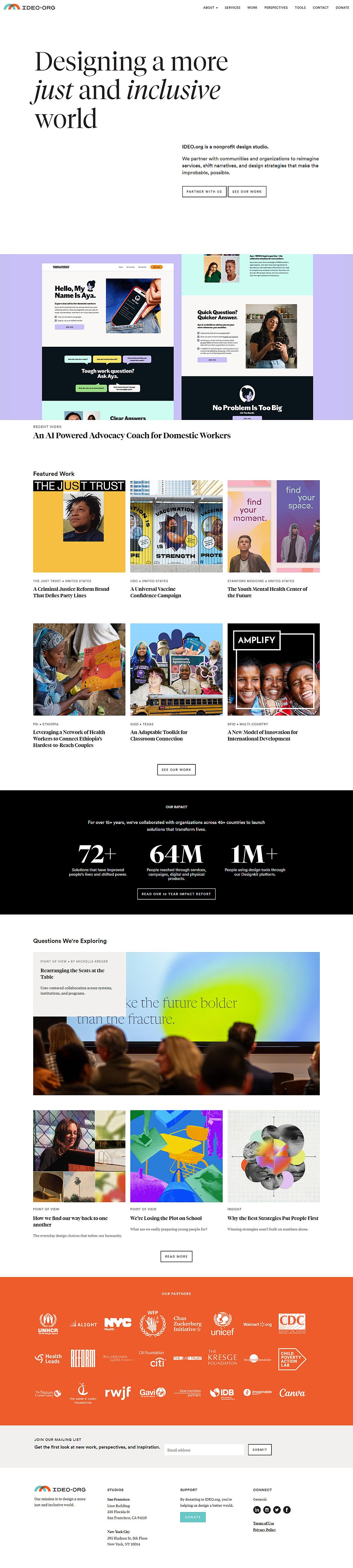 ZERO-ORG website homepage featuring their mission to design a just and inclusive world through various advocacy and design projects