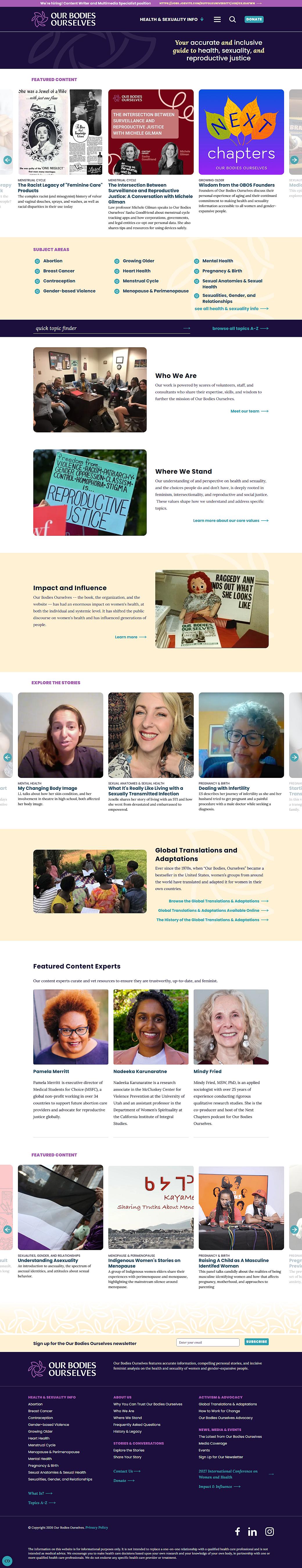 Screenshot of Our Bodies Ourselves website homepage showing featured content guides, resources, and information about reproductive justice