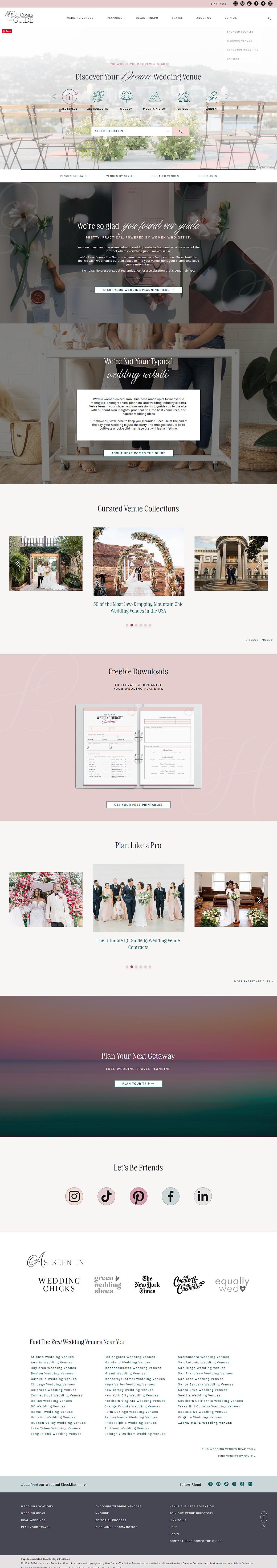 Wedding planning website homepage with navigation menu, venue showcase, and service sections