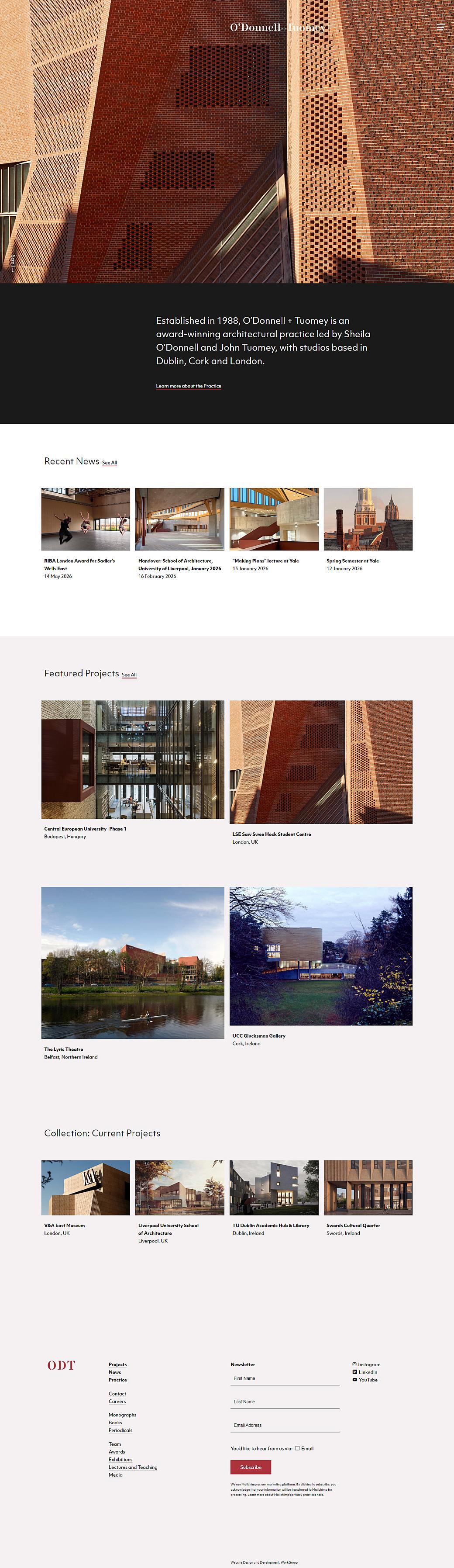 O'Donnell + Tuomey architecture firm website homepage displaying brick building facade and project portfolio sections