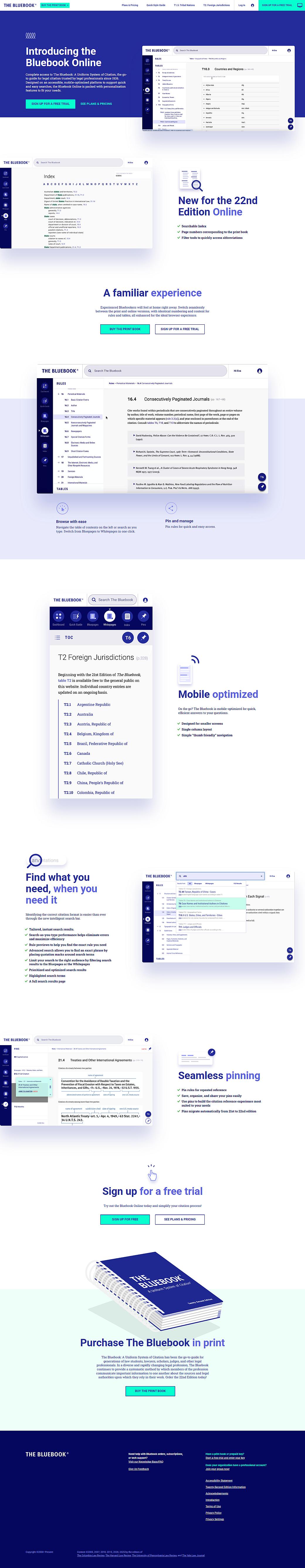 Screenshot of The Bluebook Online website showing features, navigation menu, and call-to-action buttons for free trial signup