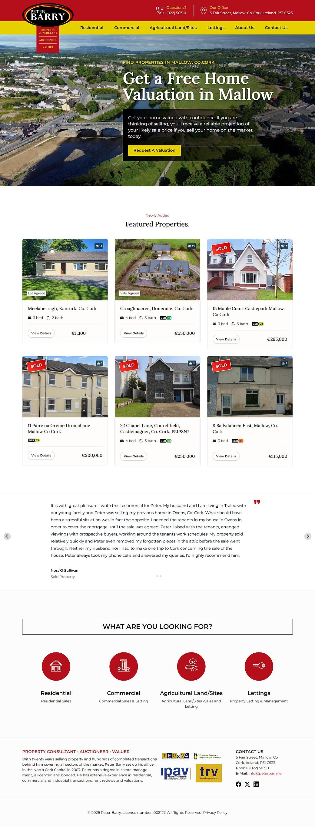 Peter Barry estate agent website homepage featuring aerial view of Mallow, Co. Cork with free home valuation offer and featured properties