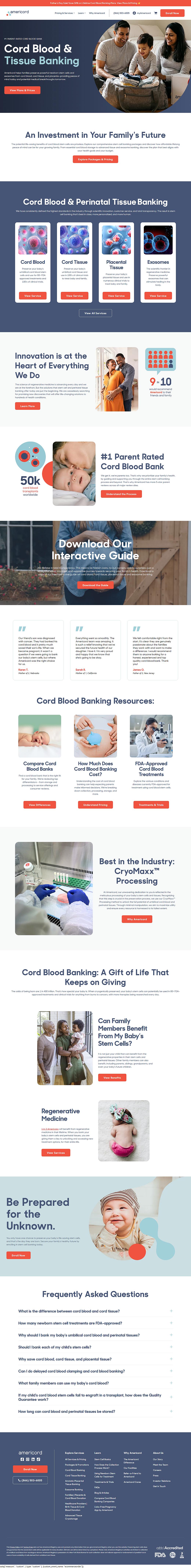 Screenshot of Americord cord blood banking website homepage showing navigation, hero section, service cards, and