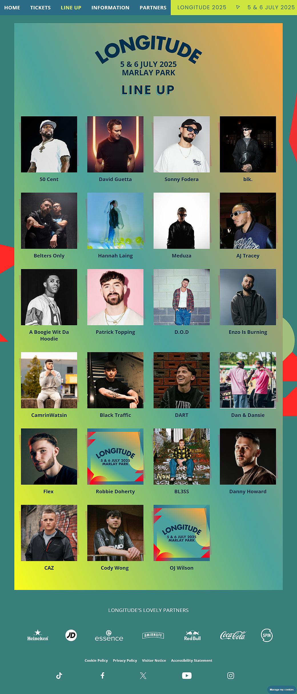Longitude 2025 festival lineup poster featuring 26 artists performing July 5-6 at Marlay Park, Dublin