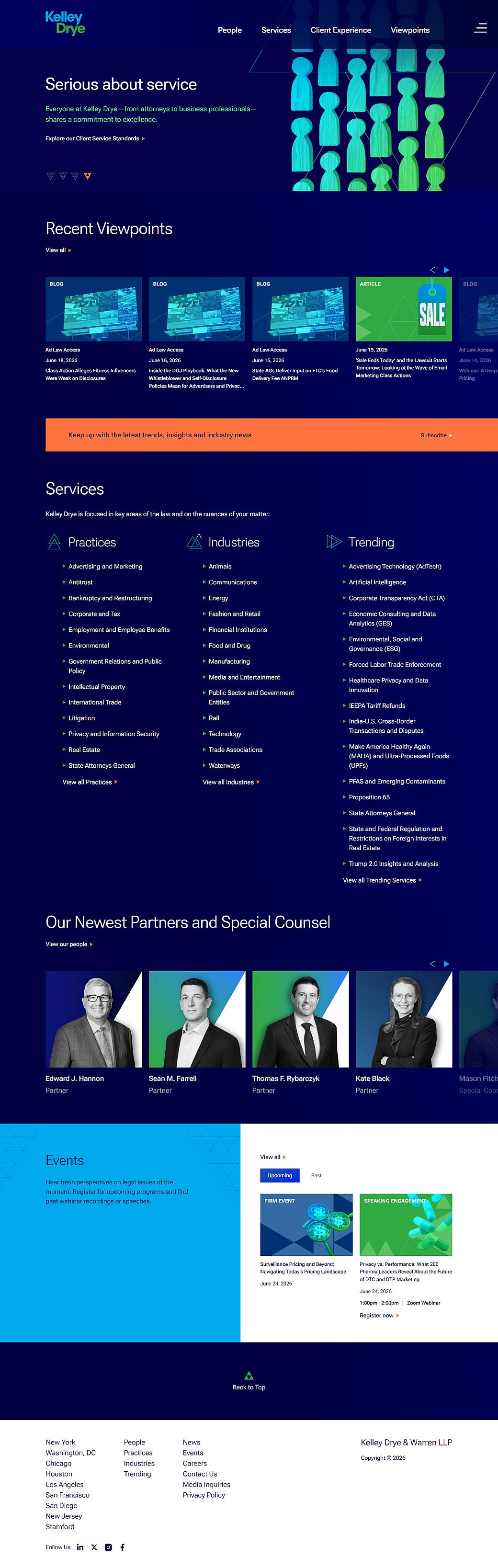 Kelley Drye law firm website homepage featuring service offerings, recent viewpoints, and team partners