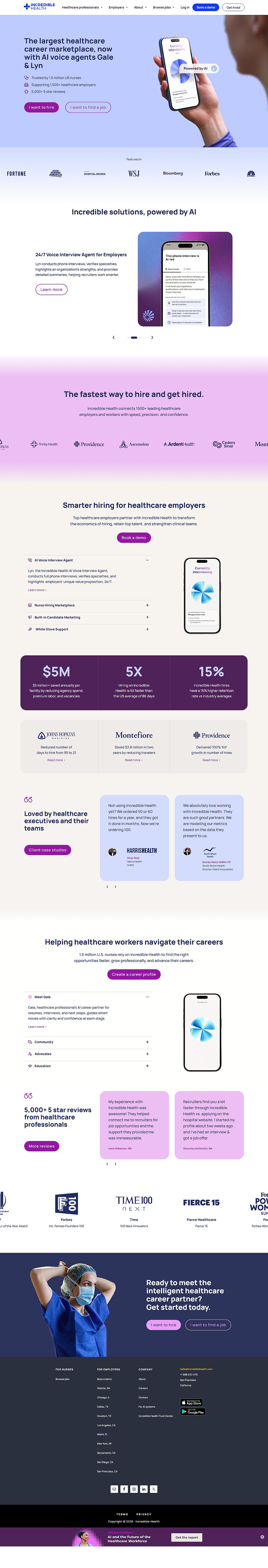 Incredible Health website homepage showing healthcare career marketplace features, AI agent tools, and call-to-action