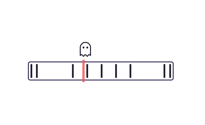 A minimalist graphic of a horizontal progress bar with nine vertical dashes, accompanied by a ghost-like figure above the central dash and a small vertical bar, highlighted in red, that intersects the middle dash.