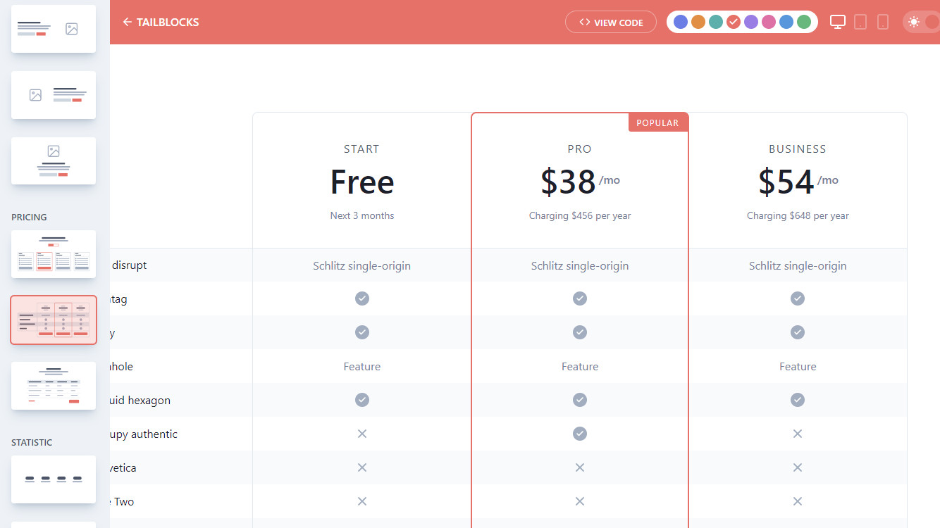 A pricing comparison table is shown on a website. The "Start" plan is free for 3 months, the "Pro" plan costs $38 per month, and the "Business" plan costs $54 per month. Each plan lists various features and pricing details, with the "Pro" plan marked as popular.