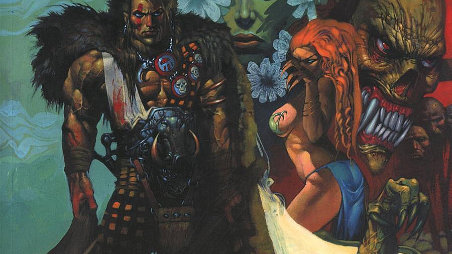 Cover of the comic book "Slaine: The Horned God Collector's Edition" by Pat Mills and Simon Bisley. The artwork depicts a warrior with long hair and a fur garment in a fantastical setting with various mythical creatures and characters in the background.