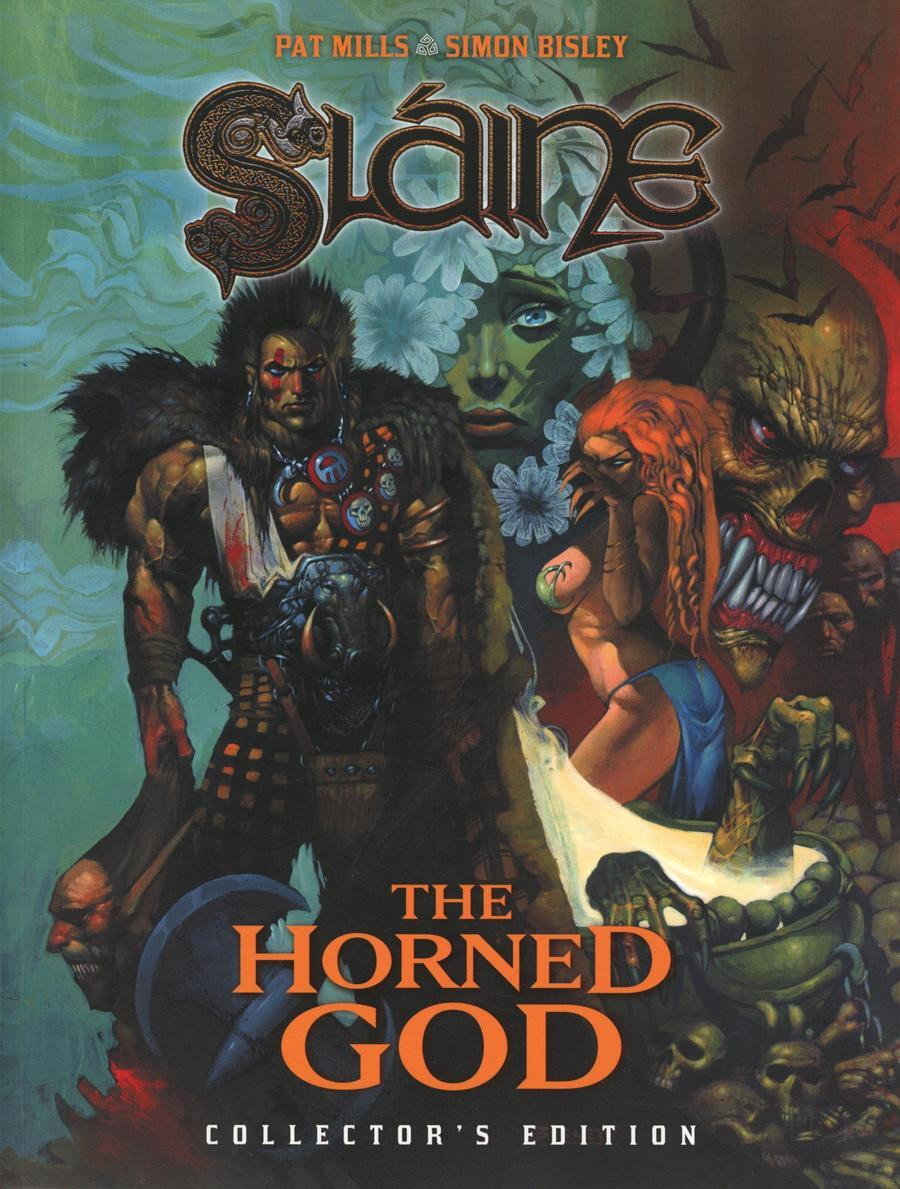 Cover of the comic book "Slaine: The Horned God Collector's Edition" by Pat Mills and Simon Bisley. The artwork depicts a warrior with long hair and a fur garment in a fantastical setting with various mythical creatures and characters in the background.
