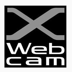 The image shows a logo with a black background and a large stylized "X" in gray at the top. Below the "X," the word "Webcam" is written in white, with "Web" in bold and "cam" in a regular font.