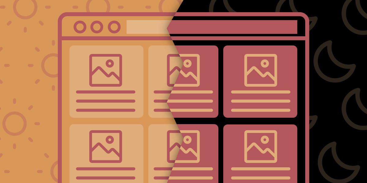 Illustration of a webpage split in half to show light and dark modes. The left side features a light background with sun icons, while the right side has a dark background with moon icons. Both sides display identical content layouts with images and text.