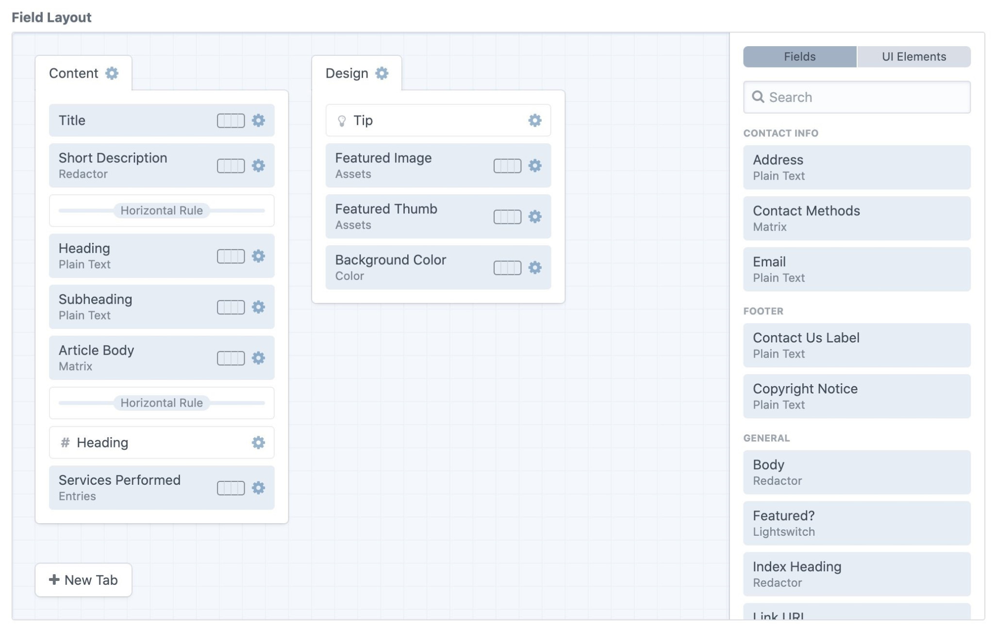 A screenshot of a field layout interface with three main sections: "Content," "Design," and a right sidebar. The "Content" section includes Title, Short Description, Heading, and several other fields. The "Design" section includes Tip, Featured Image, Featured Thumb, Background Color. The sidebar includes categories such as Contact Info, Header, Footer, and General. The interface allows users to add and edit fields.