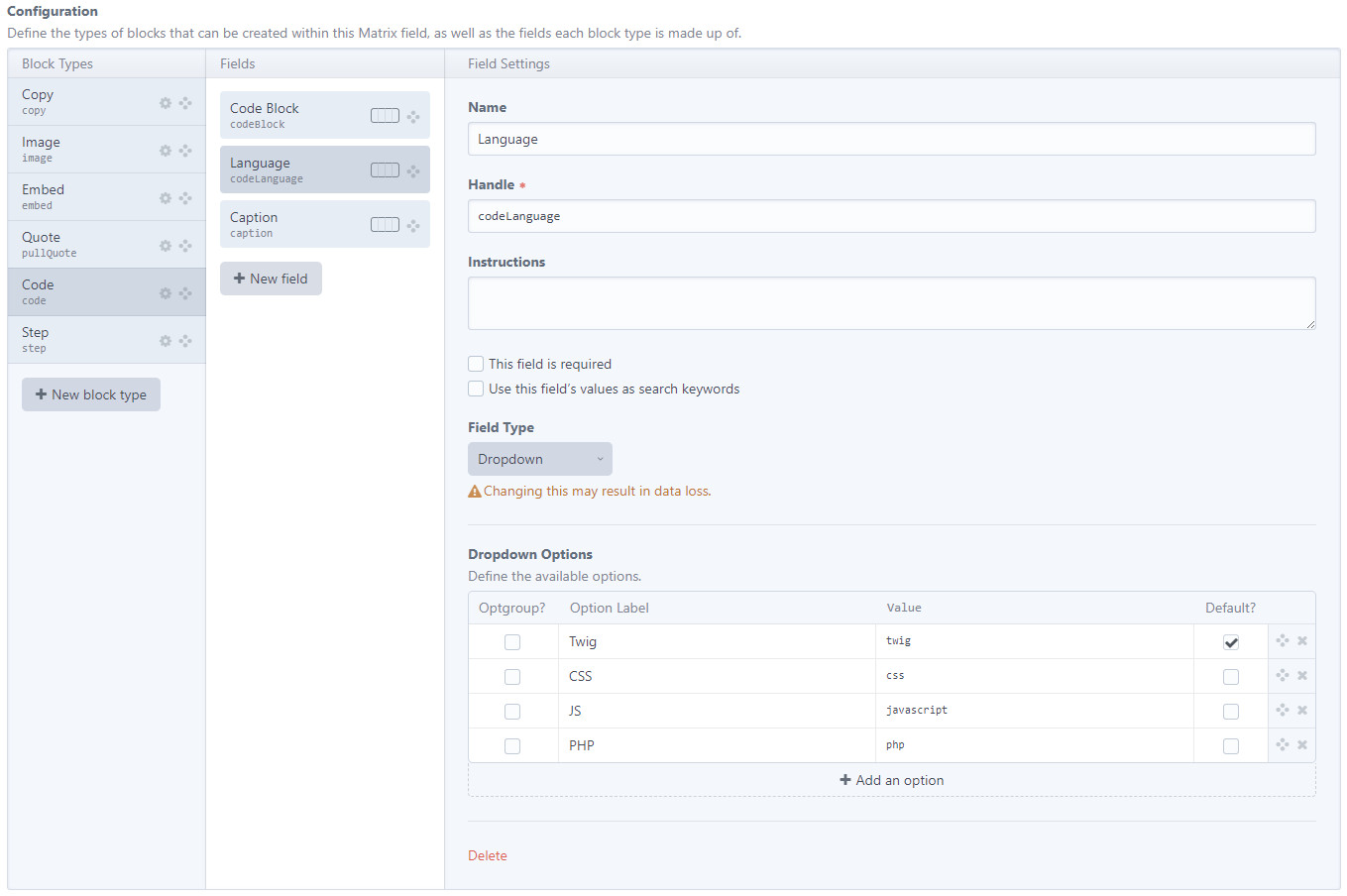 Code block for Matrix Field Craft CMS