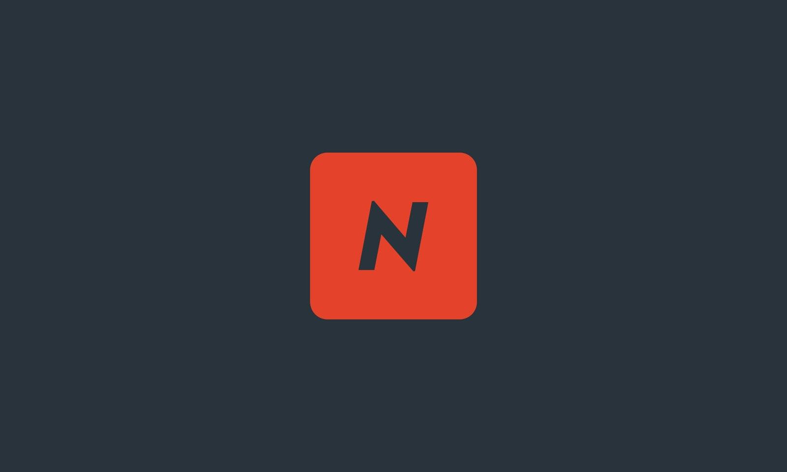 A simple logo on a dark blue background featuring a red square with a bold, stylized letter "N" in the center.