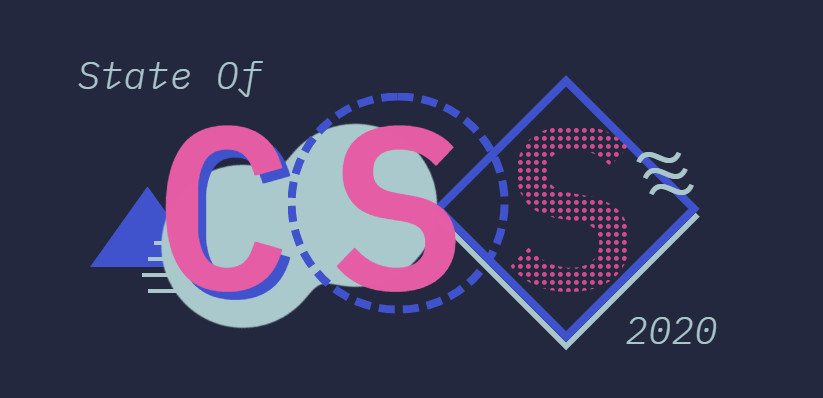 A graphic with the text "State of CSS 2020" featuring large, overlapping letters "CSS" in various styles and colors against a dark blue background. Geometric shapes, such as triangles and circles, are arranged around the text.