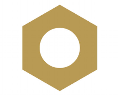 A golden hexagon with a circular cutout in the center is depicted against a white background. The hexagon has six equal sides, and the circular cutout is perfectly centered within the hexagon. The colors are solid and the shapes are geometric.