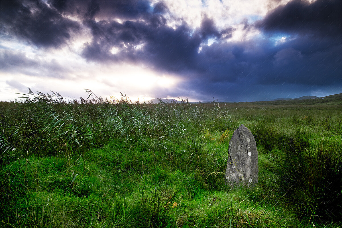 A solitary standing stone is positioned in a grassy field under a dramatic, overcast sky with dark clouds and a hint of sunlight breaking through. Tall grasses surround the stone, and distant hills are visible on the horizon.