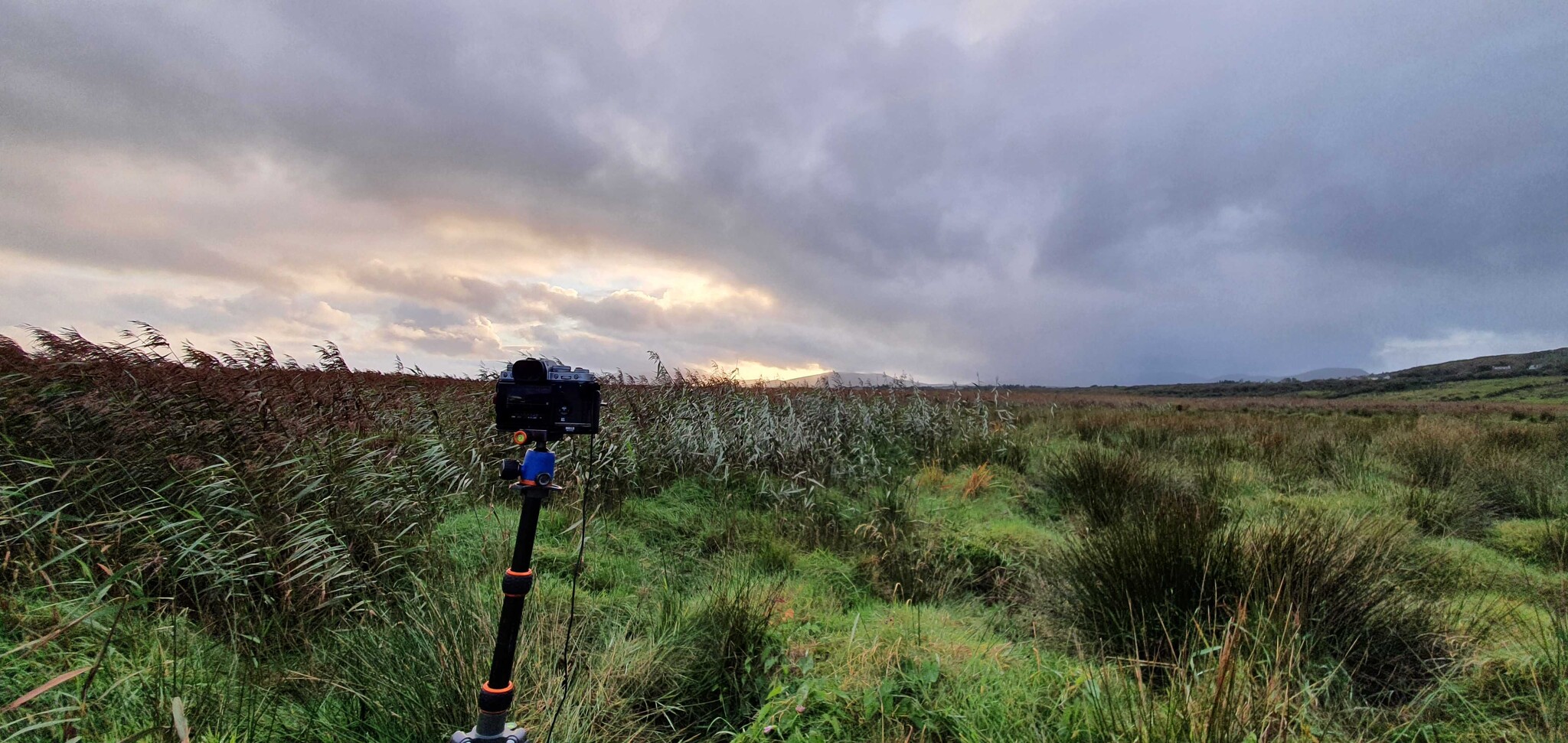A DSLR camera on a tripod is set up in a grassy field with tall reeds. The sky is overcast with a mix of dark and light clouds, indicating an impending or passing storm. The landscape stretches into the distance, flanked by rolling hills.