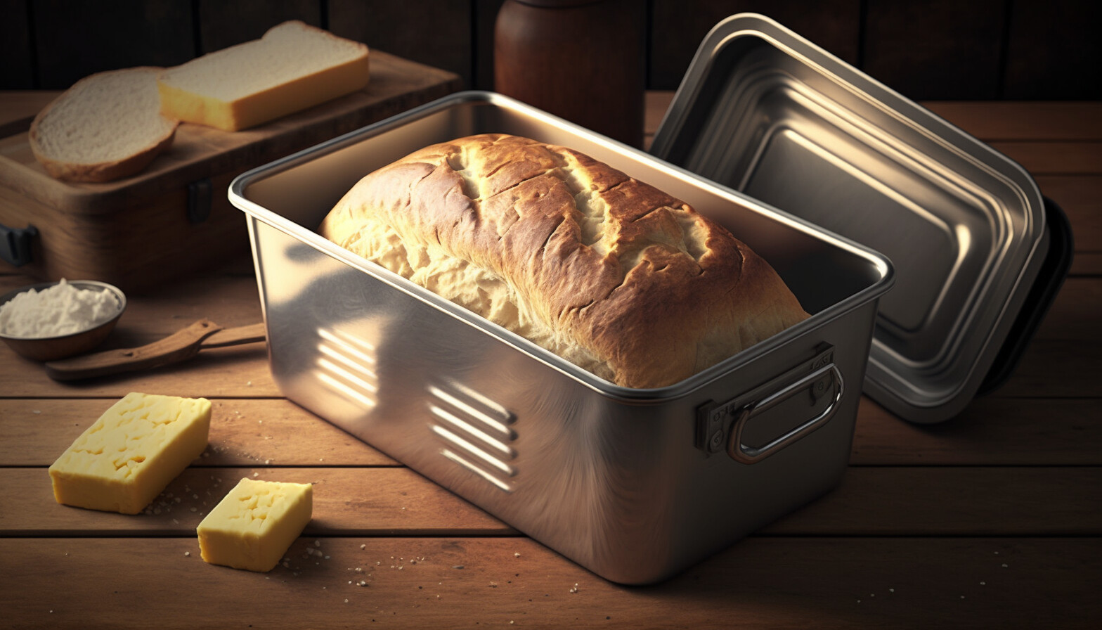 A freshly baked loaf of bread sits in a rectangular stainless steel container with the lid partially open, on a wooden surface. Nearby are slices of cheese, a loaf of sliced bread on a wooden board, a knife, a small bowl of flour, and a wooden pepper grinder.
