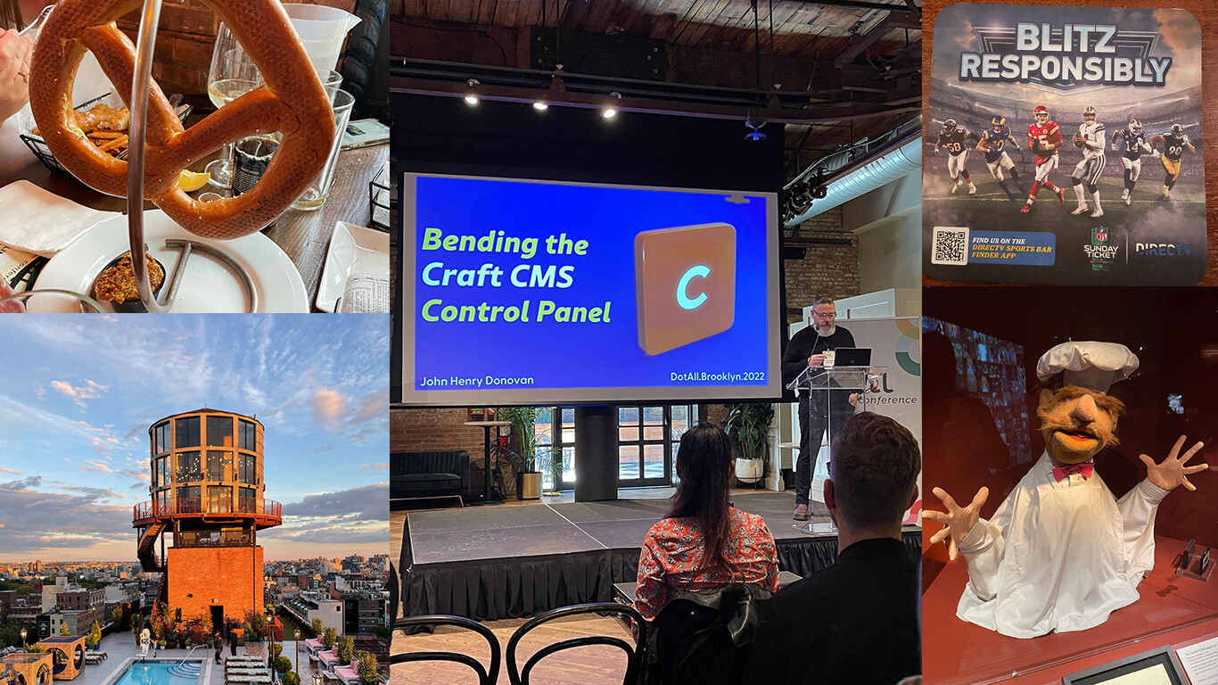 A collage of images featuring: a giant pretzel on a table with mustard and beer, a conference panel with a presentation on "Bending the Craft CMS Control Panel," a poster urging responsible behavior in a locker room, a rooftop bar with city views, and a chef mascot.