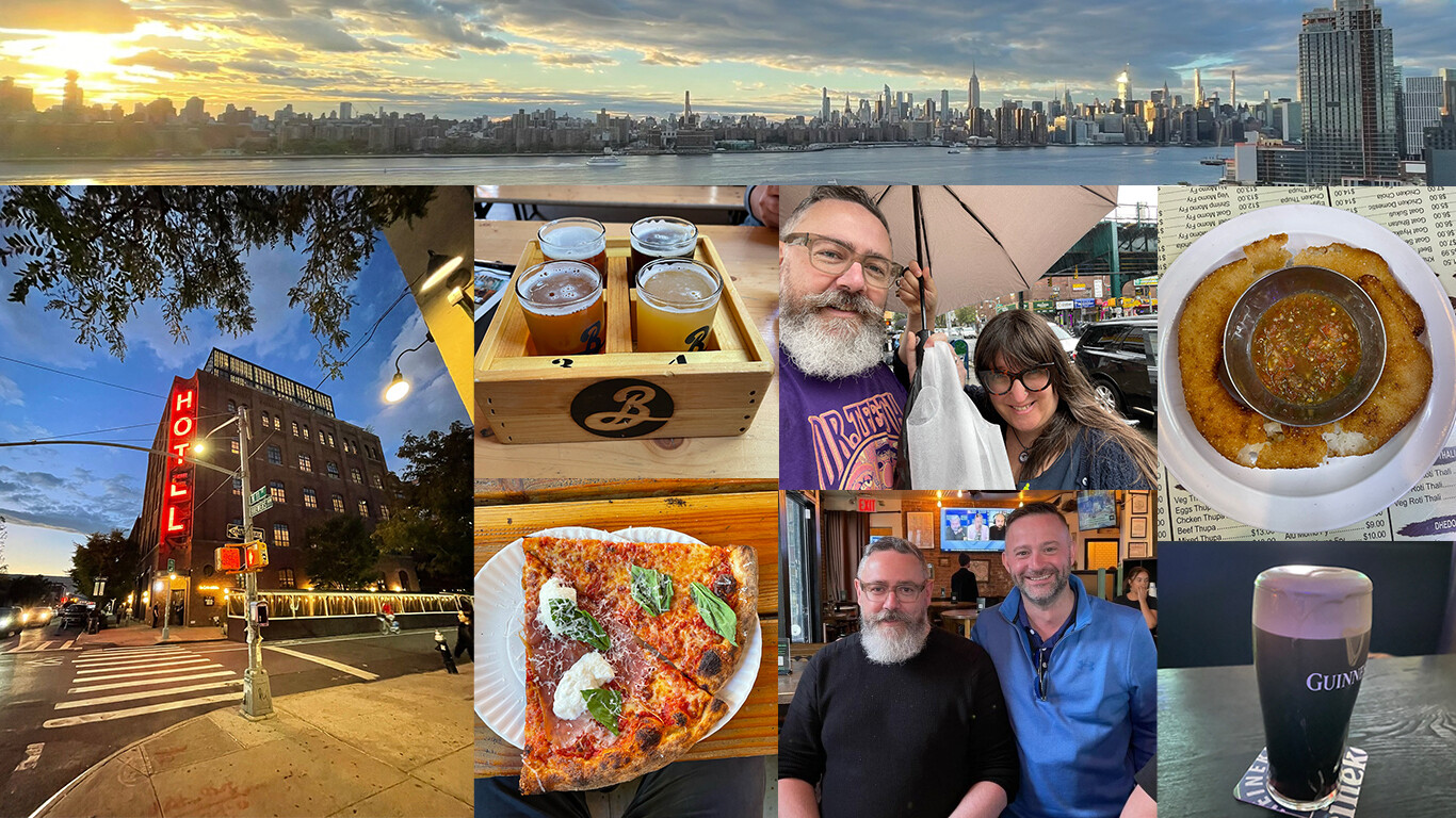 A collage of images showing a skyline view, a street with a hotel sign, a flight of beers, two people sharing a selfie, a plate of cheesy food, a slice of pizza, two people at a table, and a Guinness pint.