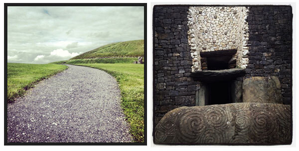 A side-by-side image: on the left, a gravel pathway winds through a grassy landscape under a cloudy sky; on the right, a stone structure with a dark entrance and intricate carvings on the large stone at the base, featuring spiral patterns.