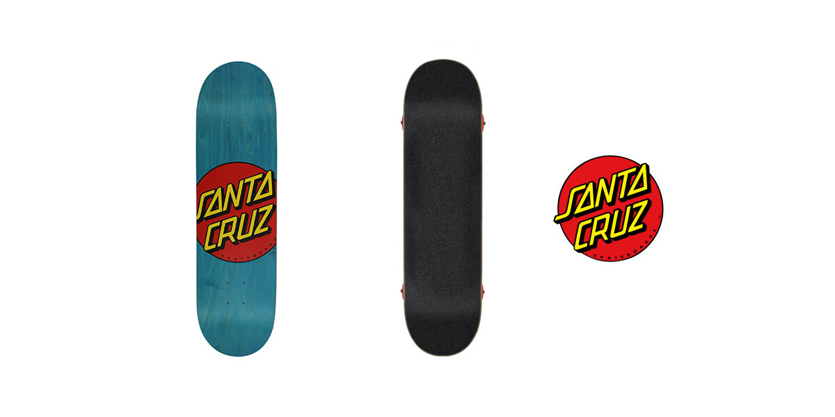 Image of three items: a blue skateboard deck with a red and yellow "Santa Cruz" logo, a black grip tape with red trucks visible from the bottom, and a red circular "Santa Cruz" logo with yellow text. All items are on a white background.