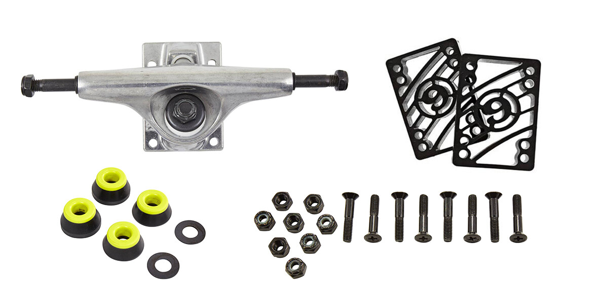 A collection of skateboard hardware including a metal truck, two rectangular riser pads with a circular pattern, four black and yellow bushings, eight nuts, eight screws, and two washers arranged on a white background.