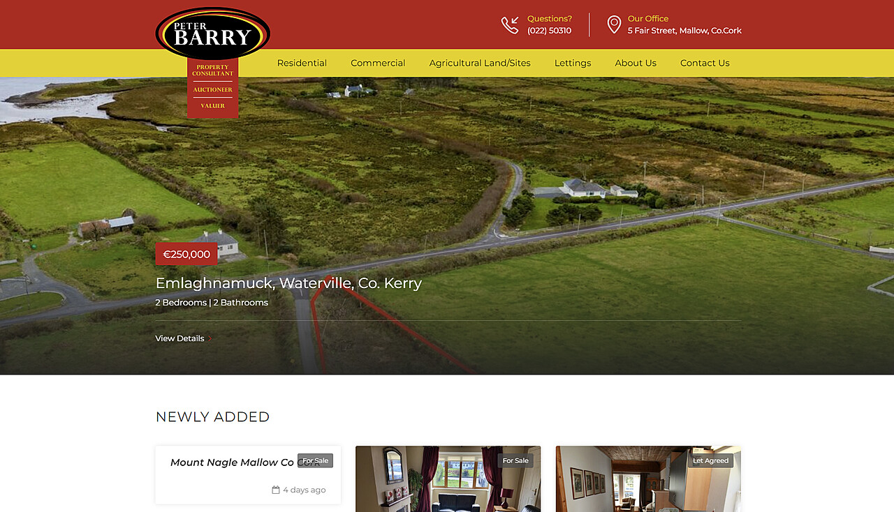 A webpage from Peter Barry Property Management and Estate Agents shows a property listing for Emlaghnamuck, Waterville, Co. Kerry, priced at €250,000. The listing details 2 bedrooms and 2 bathrooms. Contact details and office address are listed at the top.