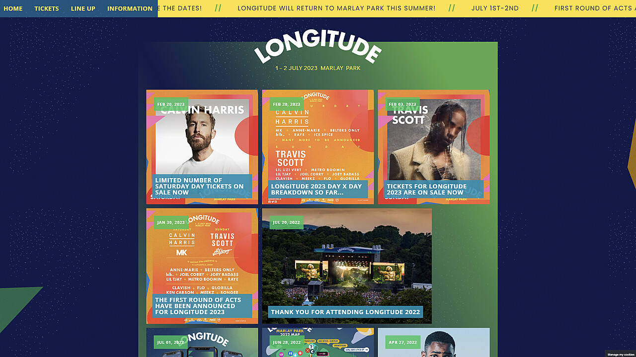 A webpage for Longitude, a music festival held on July 1-2, 2023 at Marlay Park. The page features announcements for Calvin Harris and Travis Scott as headliners, ticket sales, limited day tickets, and a thank you note for attending Longitude 2022.