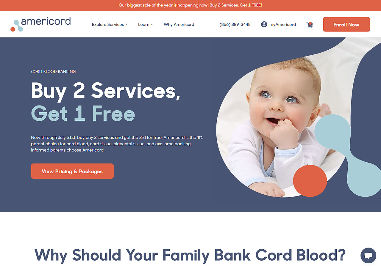 Screenshot of a website advertising a cord blood banking offer from Americord. The ad says, "Buy 2 Services, Get 1 Free," valid through July 31st. A "View Pricing & Packages" button is present, along with contact information, a cart icon, and an "Enroll Now" button.