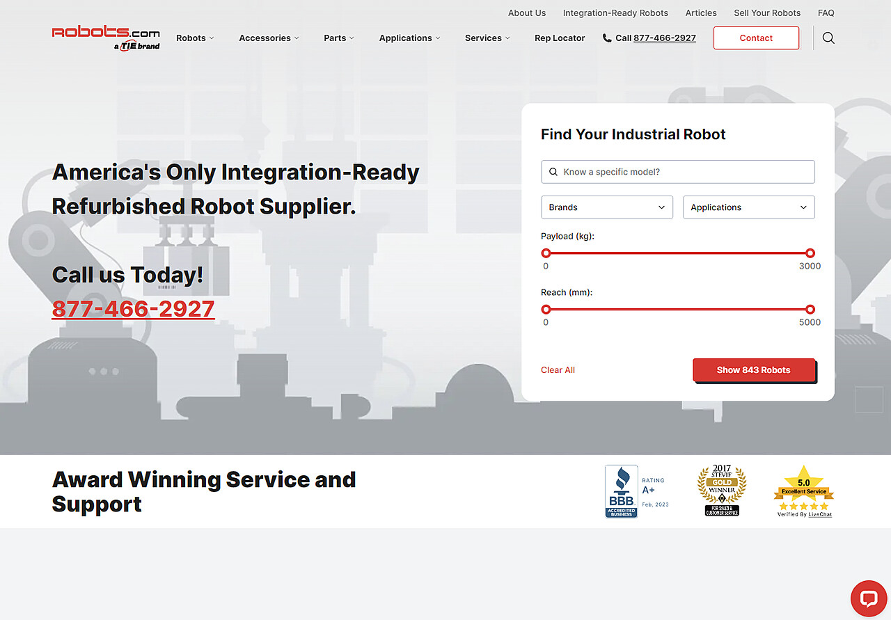 A webpage for Robots.com featuring an advertisement for an integration-ready refurbished robot supplier. The page includes contact information, a robot search tool, service awards, and certification badges. A phone number is displayed prominently: 877-466-2927.