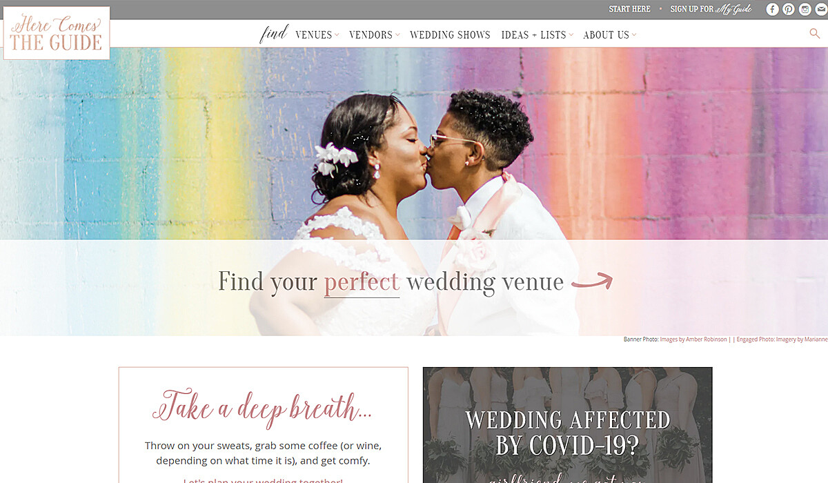 Screenshot of a wedding planning website's homepage. The main banner image shows a newlywed couple kissing in front of a colorful wall. Below, text reads "Find your perfect wedding venue." There are sections on managing wedding plans during COVID-19 and finding vendors.