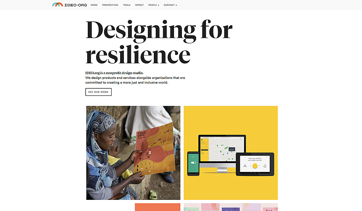 A webpage titled "Designing for resilience" from an organization named IDEO.org. It contains an image of a person examining a map at the bottom left and a section on the right showcasing various digital devices with map illustrations.