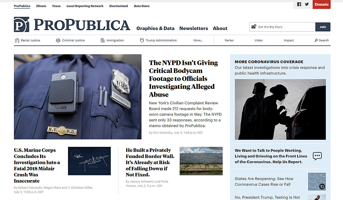 A screenshot of ProPublica's homepage. The main story headline reads “The NYPD Isn’t Giving Critical Bodycam Footage to Officials Investigating Alleged Abuse” with an image of a police officer's bodycam. Other headlines include U.S. Marine Corps and coronavirus coverage.