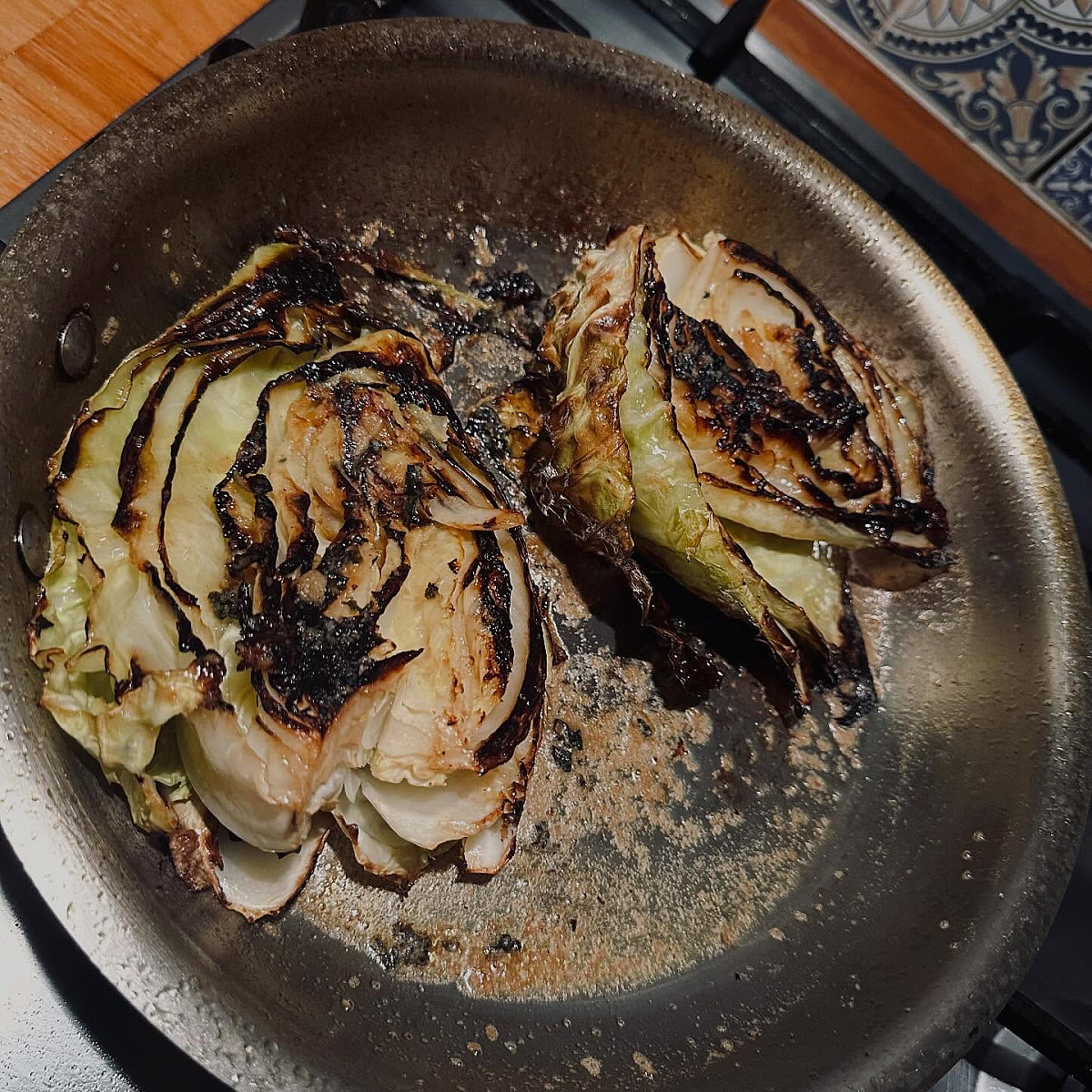 Thursday late night dinner.  Sweetheart cabbage with miso butter and fried hake