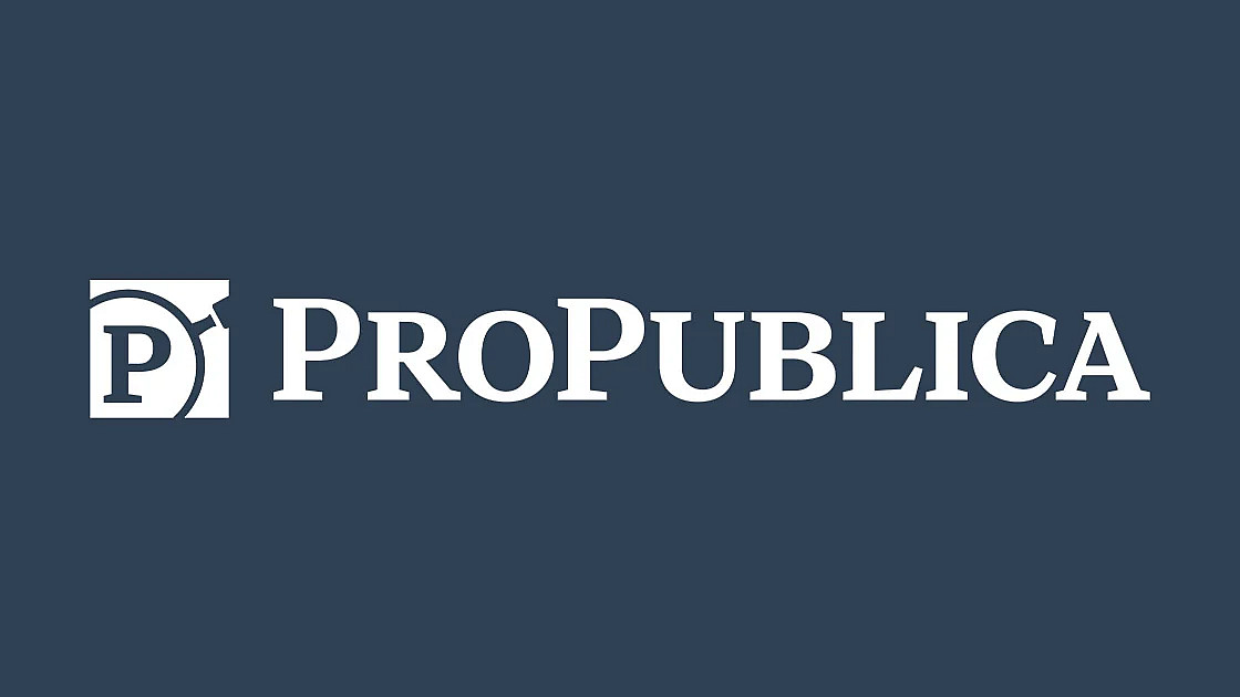 A logo with the text "ProPublica" in white, placed on a dark blue background. The logo includes a stylized letter "P" within a square on the left side of the text.