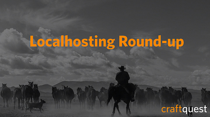 A black-and-white image shows a person on horseback herding cattle in a wide-open landscape with mountains in the background. The words "Localhosting Round-up" are prominently displayed in orange on the image. The word "craftquest" appears at the bottom right.