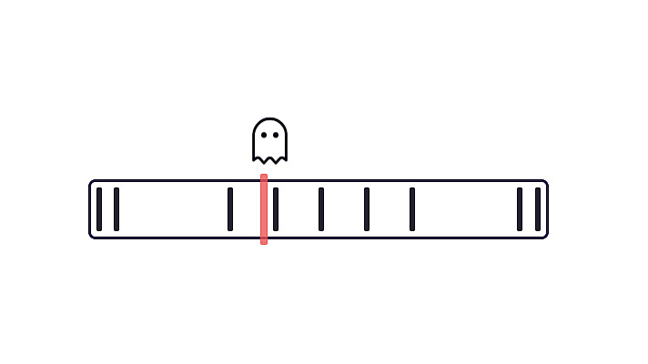 A minimalist graphic of a horizontal progress bar with nine vertical dashes, accompanied by a ghost-like figure above the central dash and a small vertical bar, highlighted in red, that intersects the middle dash.