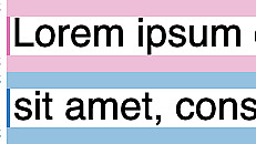A diagram showing text typography with measurements. The first line has "Lorem ipsum do" highlighted with a pink background, labeled half leading top: 0.25, content: 1, and line-height: 1.5. The second line reads "sit amet, consec," with a blue background labeled similarly.