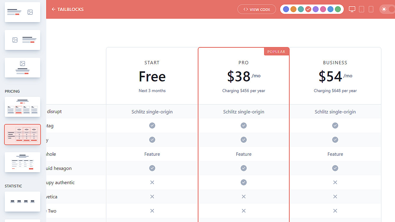 A pricing comparison table is shown on a website. The "Start" plan is free for 3 months, the "Pro" plan costs $38 per month, and the "Business" plan costs $54 per month. Each plan lists various features and pricing details, with the "Pro" plan marked as popular.