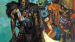 Cover of the comic book "Slaine: The Horned God Collector's Edition" by Pat Mills and Simon Bisley. The artwork depicts a warrior with long hair and a fur garment in a fantastical setting with various mythical creatures and characters in the background.